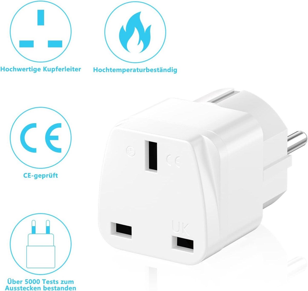 3-pack reisadapter - Engeland naar EU-stekker - 10/16 A 250 V UK-adapter - Frankrijk Nederland Polen Zweden - wit