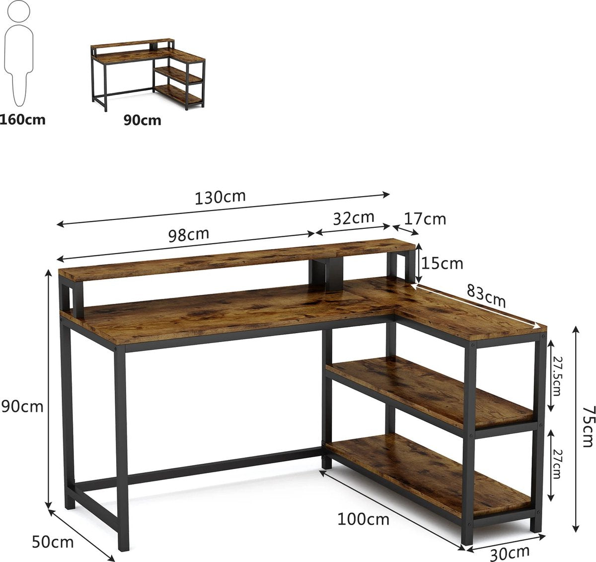 Corner Desk - Industrial Desk - L-shaped - Industrial Look - Computer Desk - With Monitor Stand - With 3 Shelves - 135x100x75cm - For Home Office