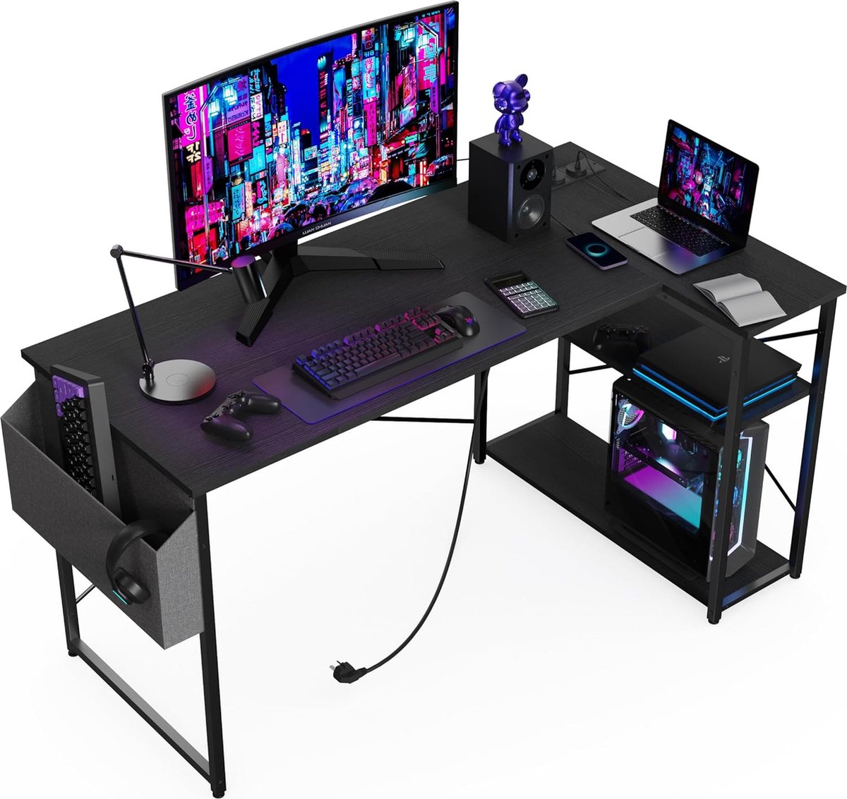 Compact Corner Desk with Power Outlets - 100x70 cm L-Shaped Computer Desk Writing Table Reversible Large Storage Shelves Bookshelf Workstation for Study Gaming Work Bedroom Home Office