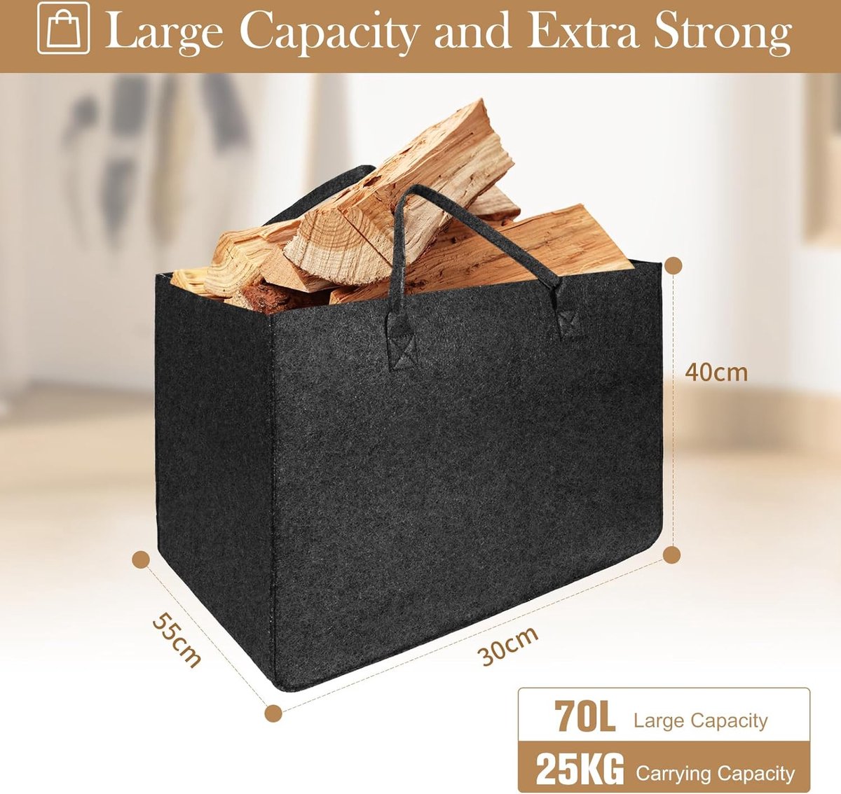 XXL 70 liter houten mand voor haardhout, opvouwbare grote brandhoutmand met 5 mm dik vilt, vilten tas, shopper, vilten mand voor hout, speelgoed, kranten, fruit, kleding, 55 x 30 x 40 cm