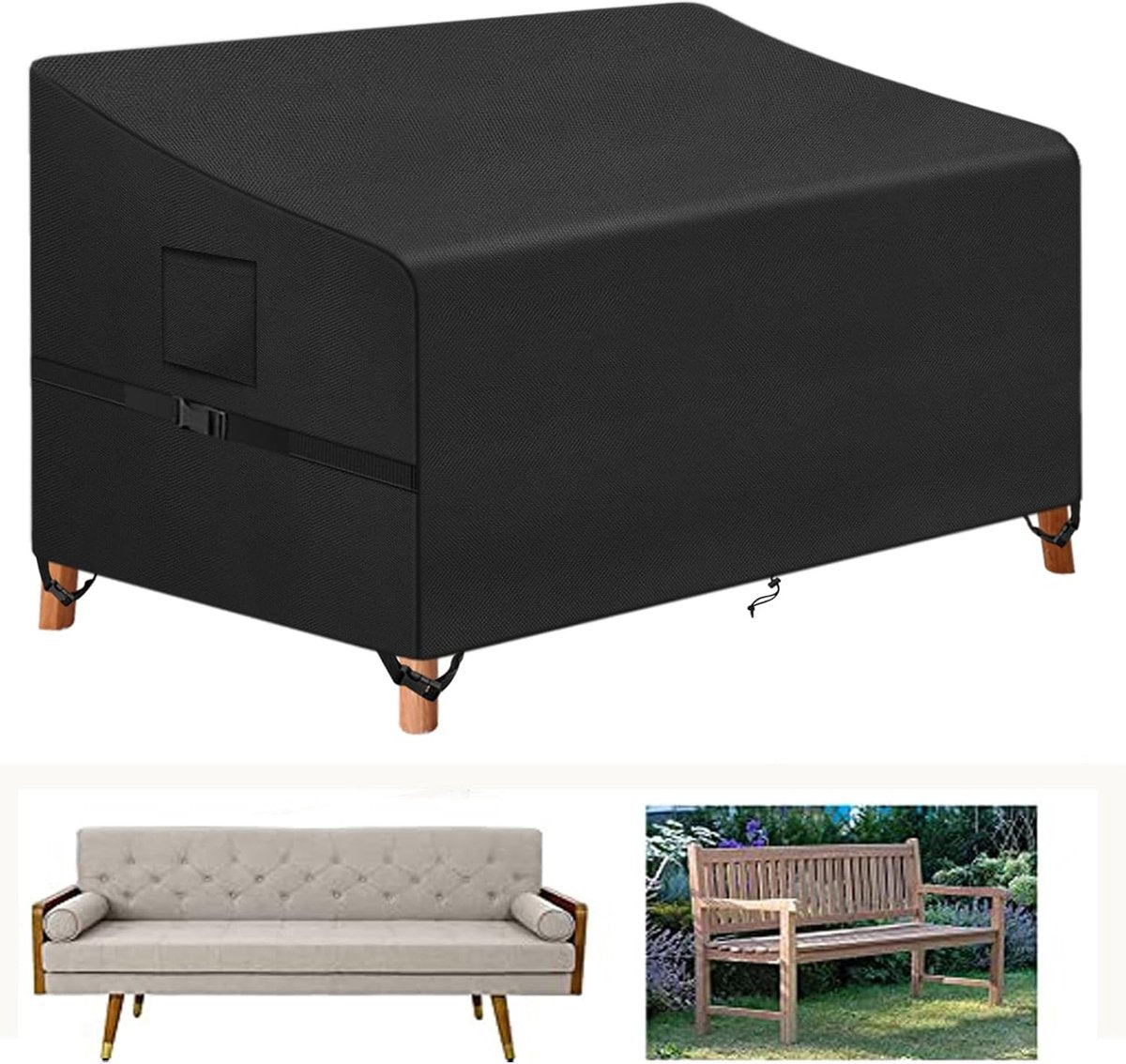 Tuinbankhoes, 3-zits en Buiten Tuinbankhoes, Beschermhoes voor Tuinmeubelen, 420D Oxford Stoffen Hoes voor Tuinbank, Waterdicht, Winddicht, UV-Bestendig, 163 x 66 x 63/89 cm