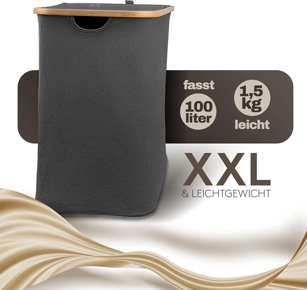 Dark Laundry Basket 2 compartments with lid 100 litres bamboo fabric large laundry sorter - dark grey anthracite black - eco-friendly and durable