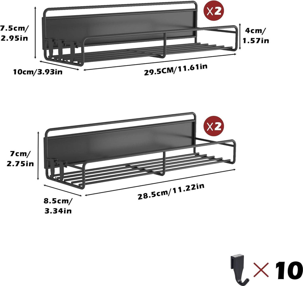 Magnetic Spice Rack for Refrigerator - Set of 4 Magnetic Spice Racks with 10 Hooks - Space-Saving Organizer for Refrigerator & Microwave - Black Hanging Spice Rack