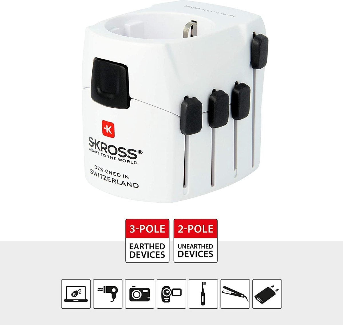 PRO Light Universele reisadapter 2 en 3 polen voor Schuko - Nominale spanning en vermogen 100V – 630W / 250V – 1575W - Geschikt voor pc's en haardrogers - Met schokbescherming