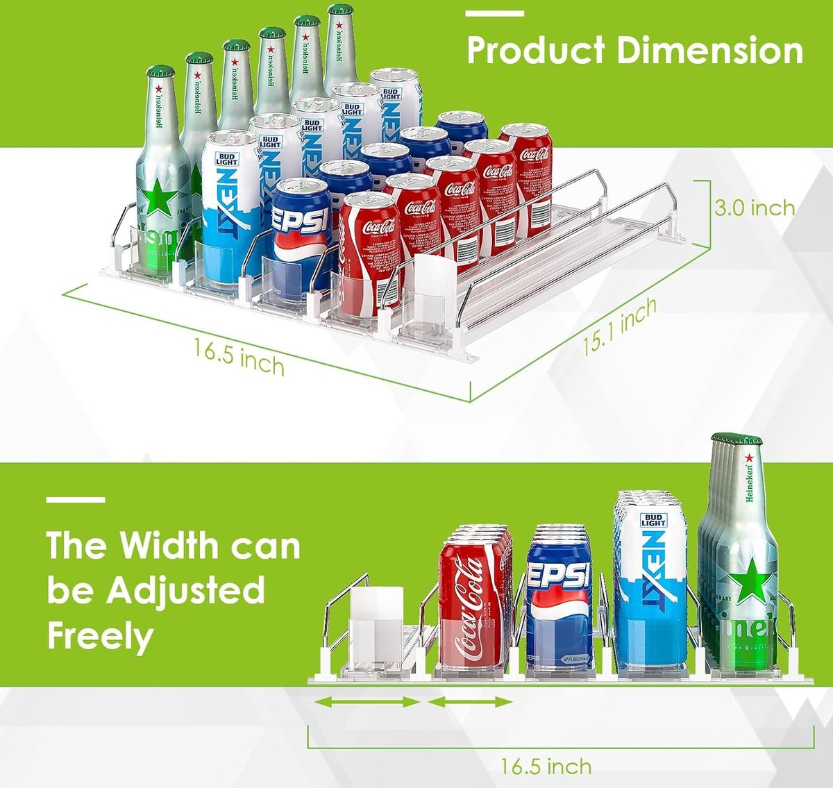 Self-sliding can organizer, refrigerator organizer, can dispenser, refrigerator, automatic refrigerator organizer with adjustable width, for drinks, beer, soda (holds 25 cans, white)