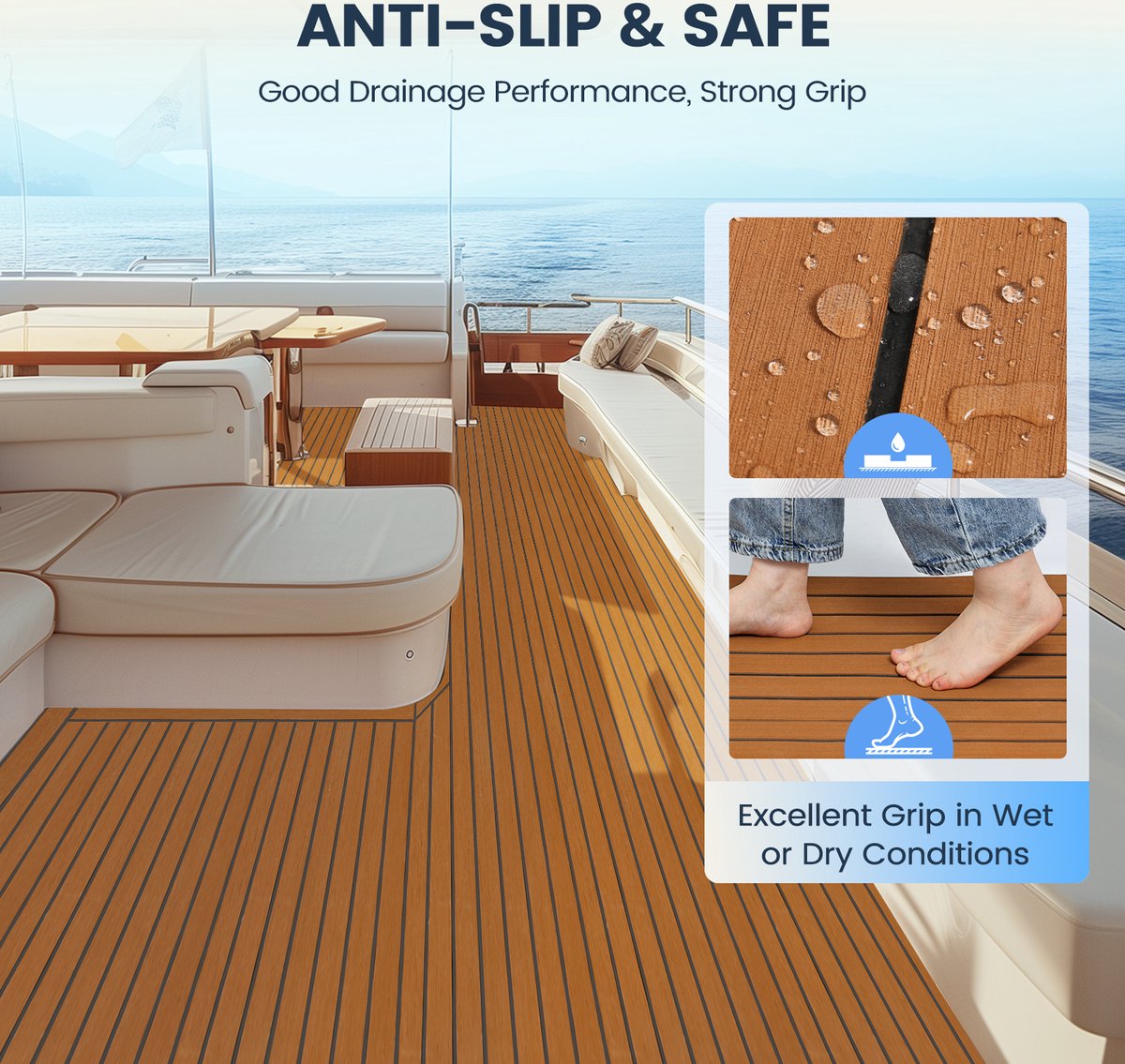 Self-Adhesive Decking Mat - EVA Teak Foam Boat Mat Yacht Flooring - Washable - 238x89x0.6cm - Brown
