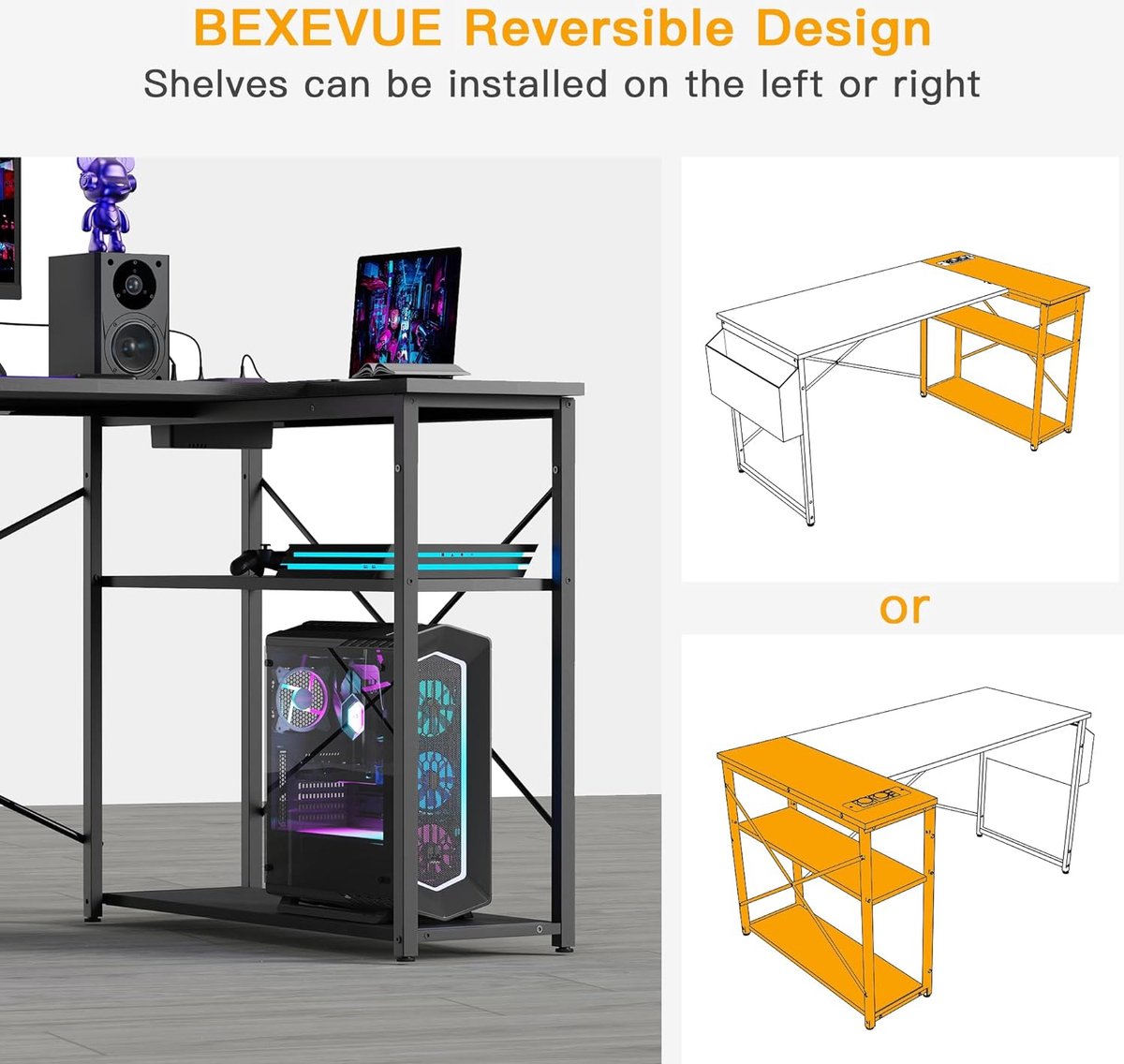 Compact Corner Desk with Power Outlets - 100x70 cm L-Shaped Computer Desk Writing Table Reversible Large Storage Shelves Bookshelf Workstation for Study Gaming Work Bedroom Home Office