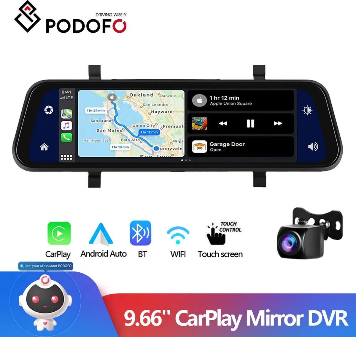 Nique Dashcam voor auto - 4K Carplay - Android Auto - Voor- en achtercamera - Navigatie - Spiegel - Zwart