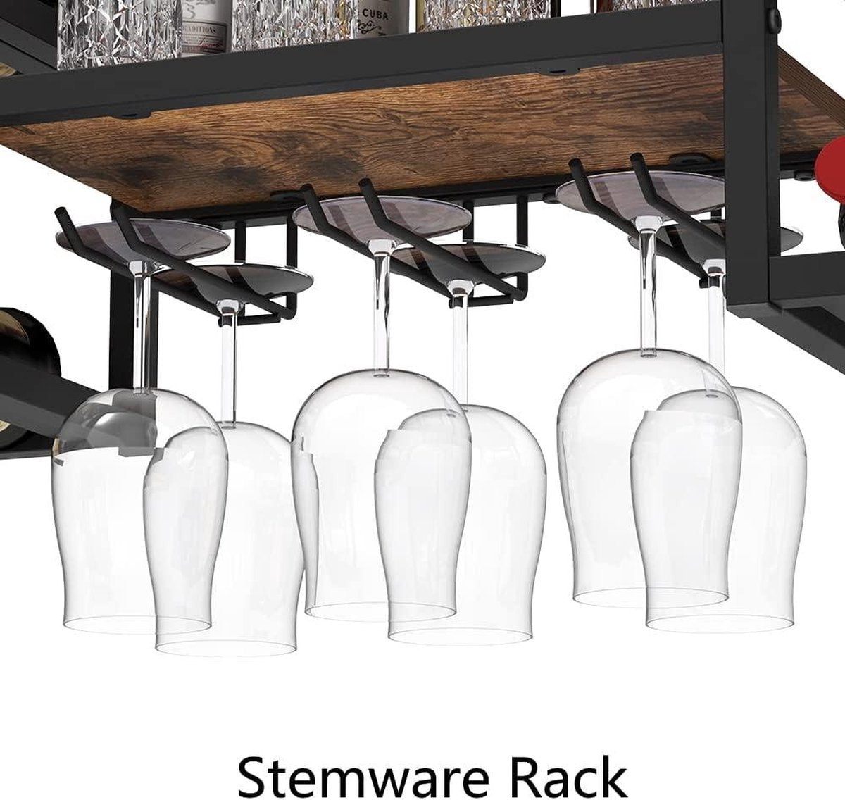 Wijnrek voor aan de muur met 3 glazenhouders - multifunctionele wijndisplay voor thuisbar en keuken met gedeeltelijke houten plank en zwarte metalen flessenhouder