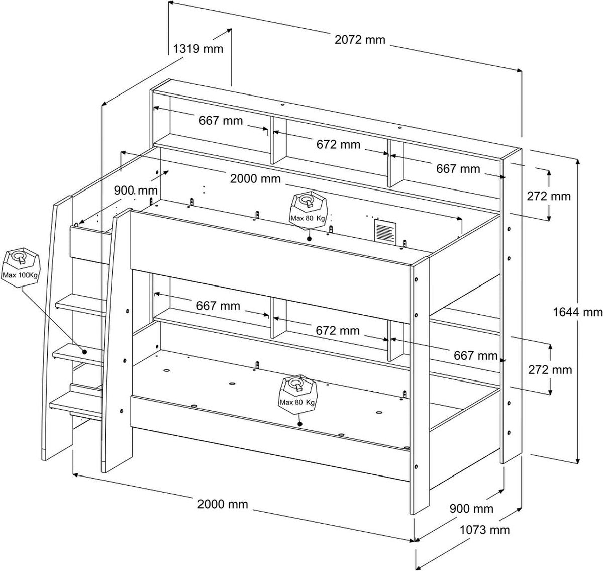 Parisot Stapelbed Leo - Eiken/Grijs – 90x200
