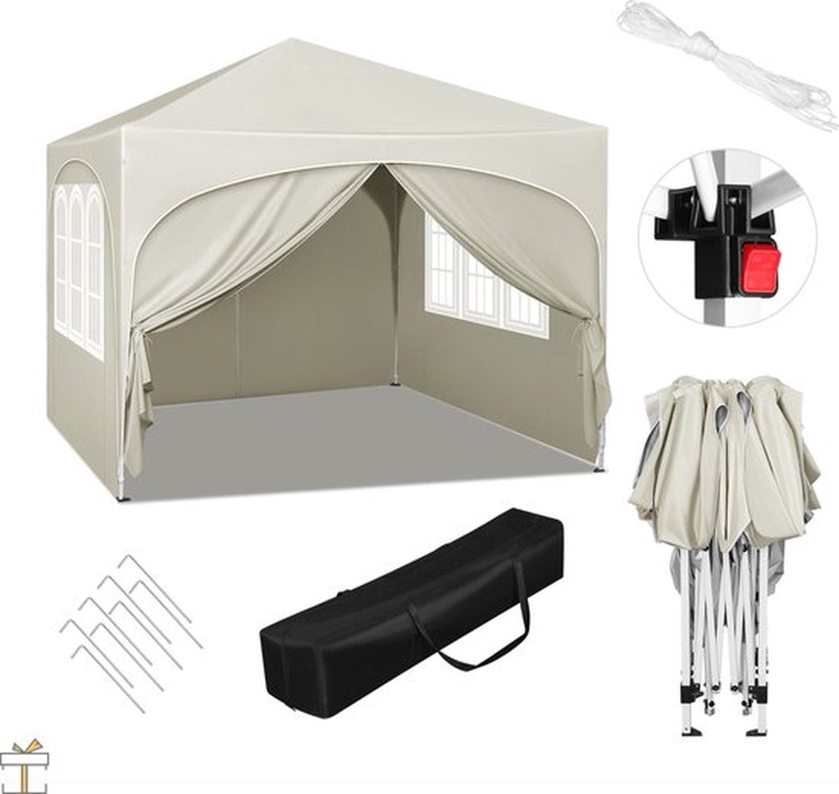 vanBoni - Partytenten - Opvouwbare Partytent - Easy Up Partytent met zijwanden - Waterdicht en Weersbestendig - 3x3 m - Beige