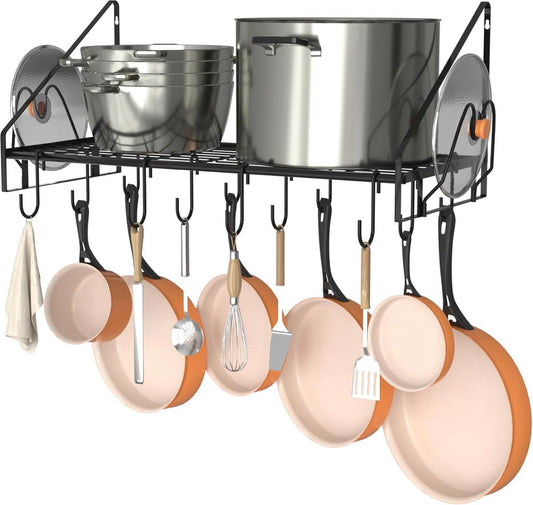 Hanging pot rack, pots and pans organizer, wall-mounted, with 12 hooks and 2 lid holders, robust steel pan hanger for kitchen, cookware, utensils