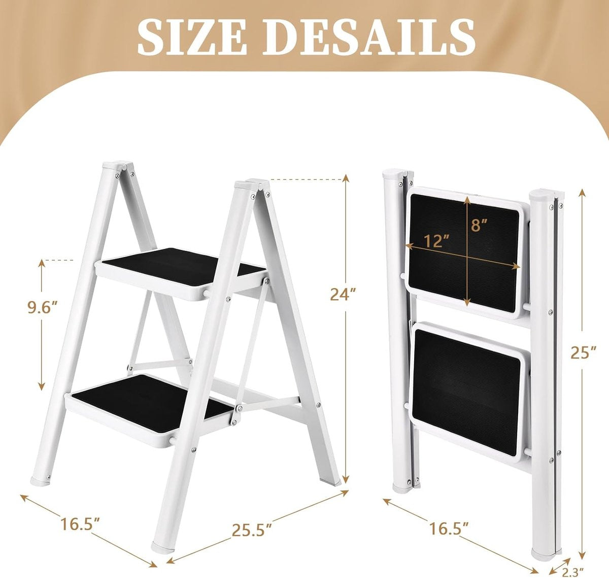 Stepladder, 2 steps, foldable, ladder with wide non-slip pedal, step stool with 150 kg capacity, white