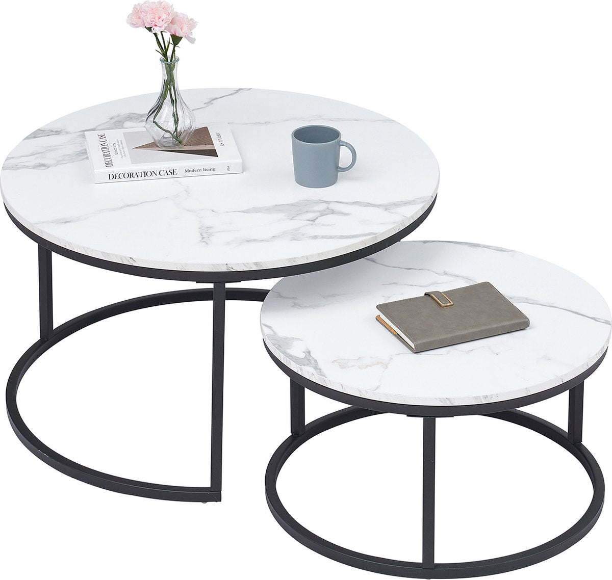 Moderne Salontafel - Set van 2 - Koffietafel - Bijzettafel - 2 Stuks - Ronde Salontafel - Wit - Marmer look - 80 en 60 cm