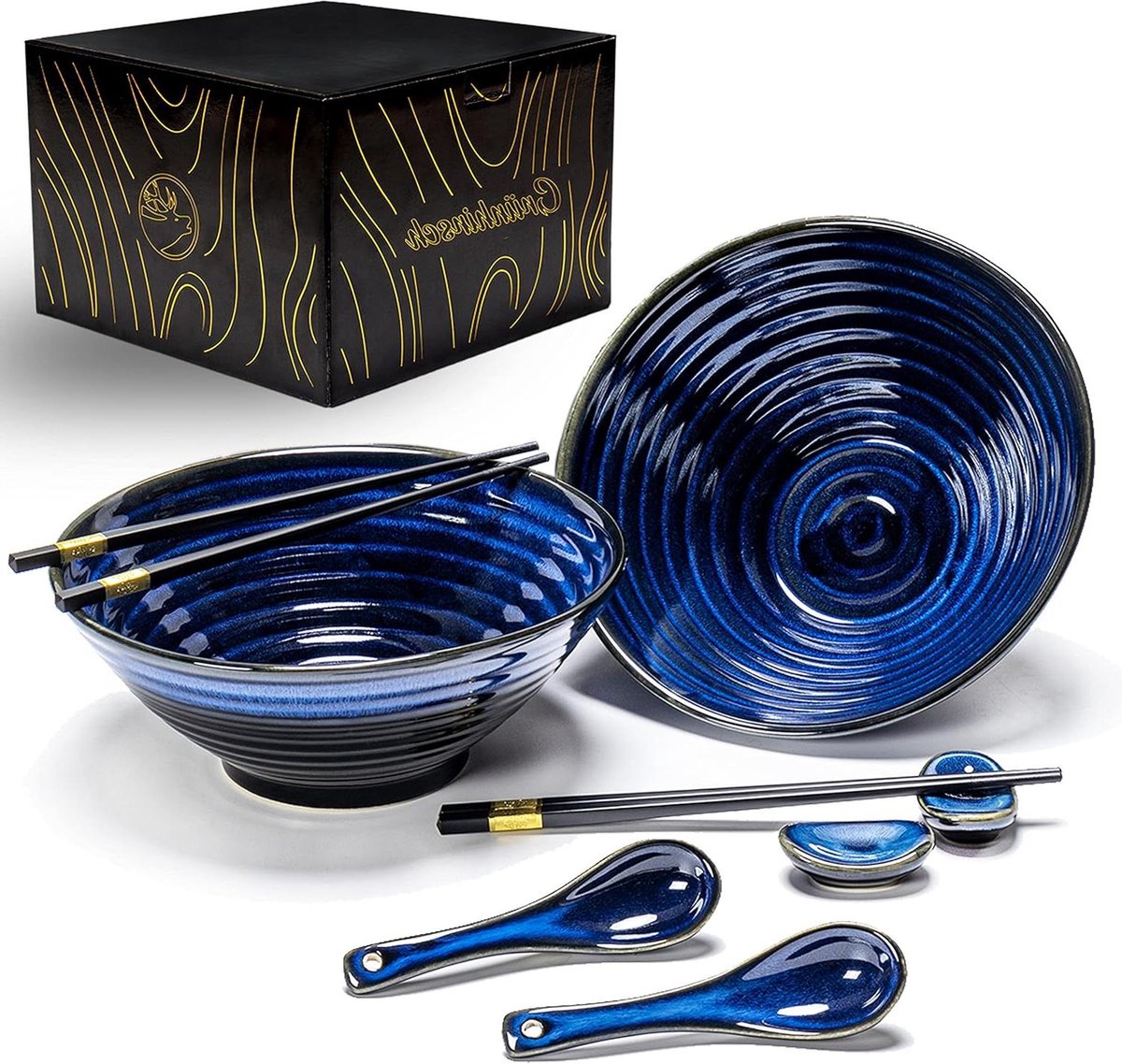 Ramen Kom 8-delige set originele Japanse keramische ramen en soep kommen - incl. eetstokjes en lepels - Aziatisch servies kom voor noedelsoep muesli salade - incl. e-book