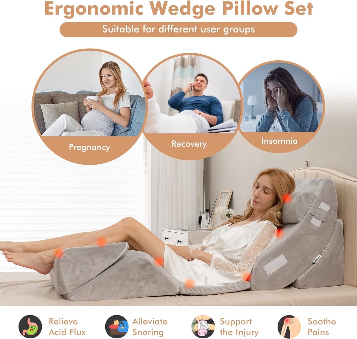 6-piece orthopedic pillow set, memory foam wedge pillow with detachable headrest, comfortable and adjustable reading pillow, bed wedge pillow, back support pillow for sleeping and reading