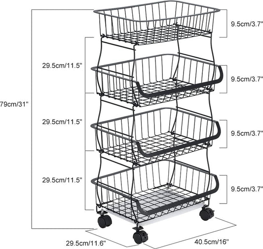 4-laags serveerwagen Keukentrolley op wielen Trolley Keuken Inbouwplank Opbergwagen Hulpprogramma Trolley Fruit- en groenterek Organisatiewagen H80 x B40 x D30 cm voor keukenkantoor
