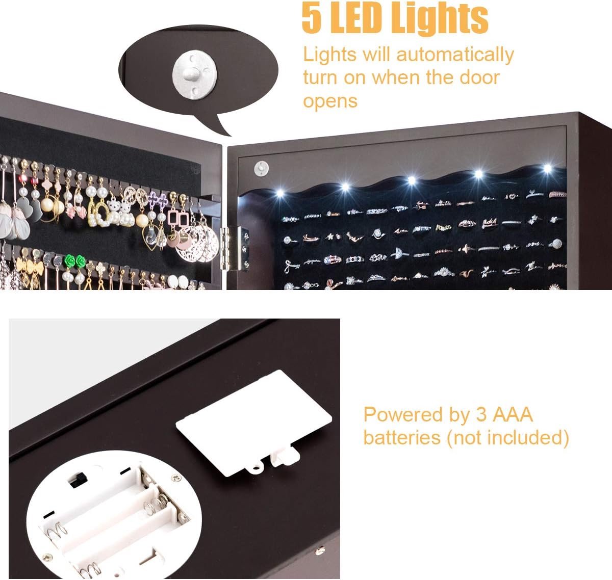 Jewelry Cabinet with 5 LED Lights, Lockable Wall/Door Mounted Jewelry Armoire with Large Mirror and 6 Acrylic Drawers, Large Capacity Jewelry Organizer for Girls, Women (Brown)