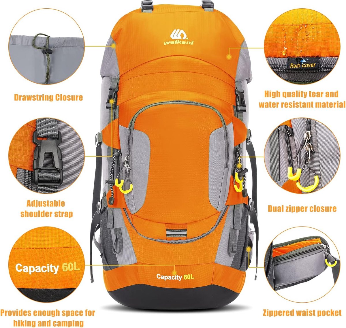 Backpack Trekkingrugzak 60L Heren Dames Wandelrugzak Waterdicht met regenhoes voor bergbeklimmen, klimmen, trekking, sport, reizen, kamperen