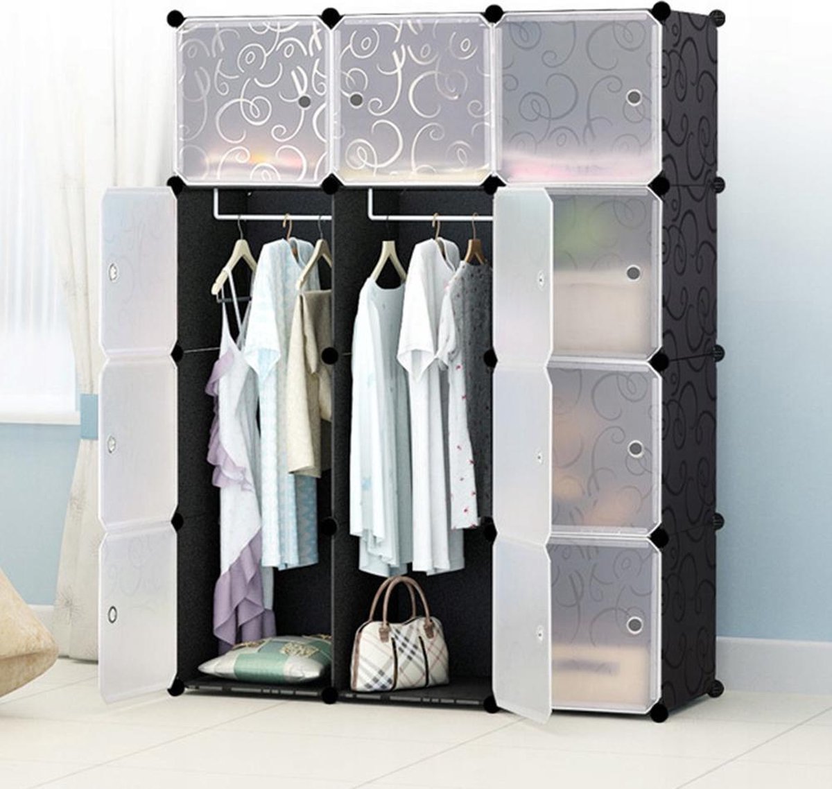 XL Modular Wardrobe - Large Wardrobe - Clothing and Shoe Storage - 12 Shelves & Rod - 145 x 110 x 46.5 cm