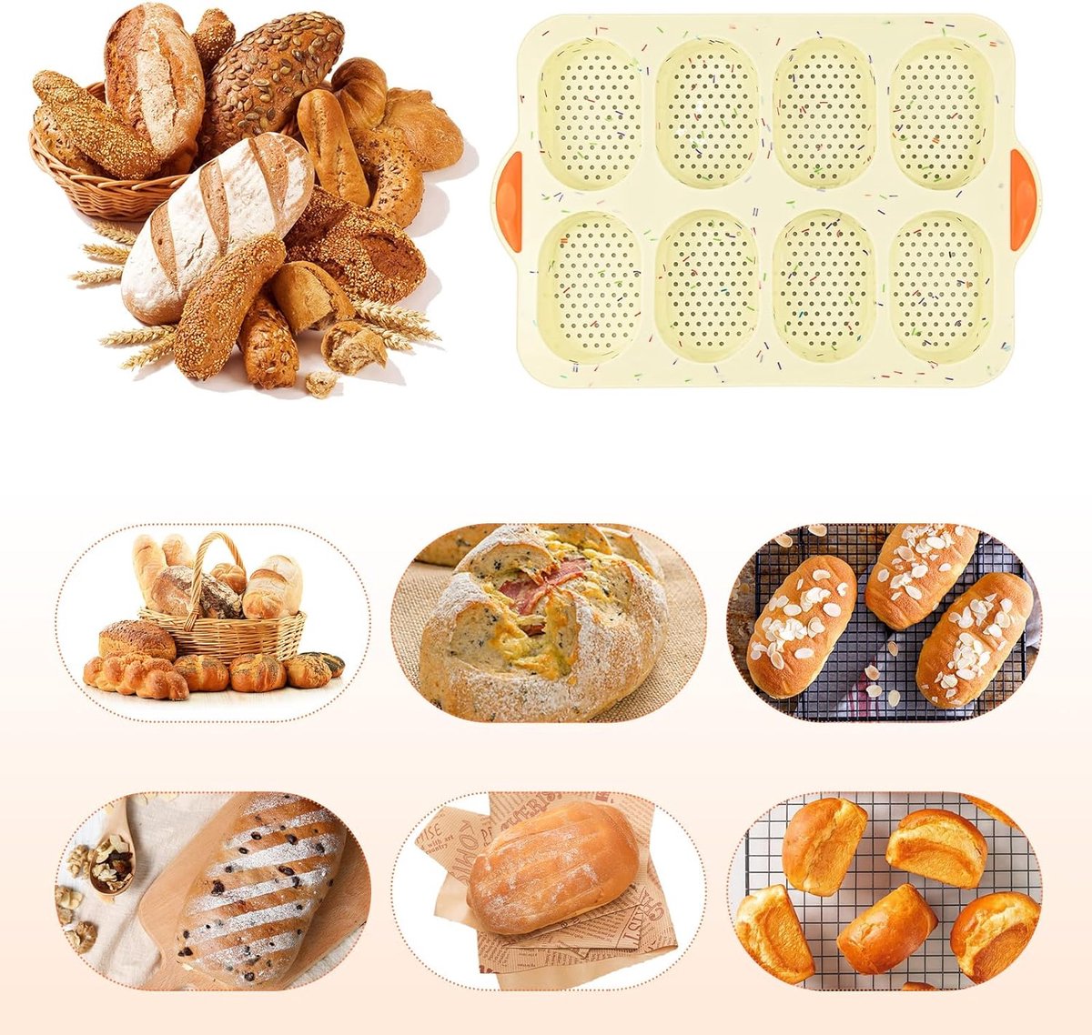 Baguette bakvorm, broodjes, bakplaat, siliconen met oliekwast, broodjes bakvormen, mini-stokbrood, bakplaat, anti-aanbak, baguettevorm, siliconen vormen, 8 eenheden, bakvorm, brood, knapperig
