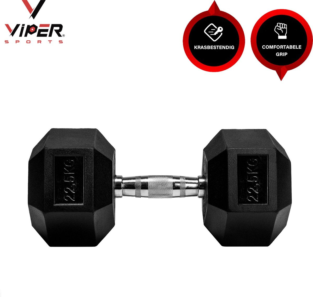 Viper Sports IJzer Zwart Gewicht 22.5 kg – Dumbbells – Antislip – Zeshoekig ontwerp – Hexagon-Design - RVS/Rubber – Zilver/Zwart - 1 Stuk