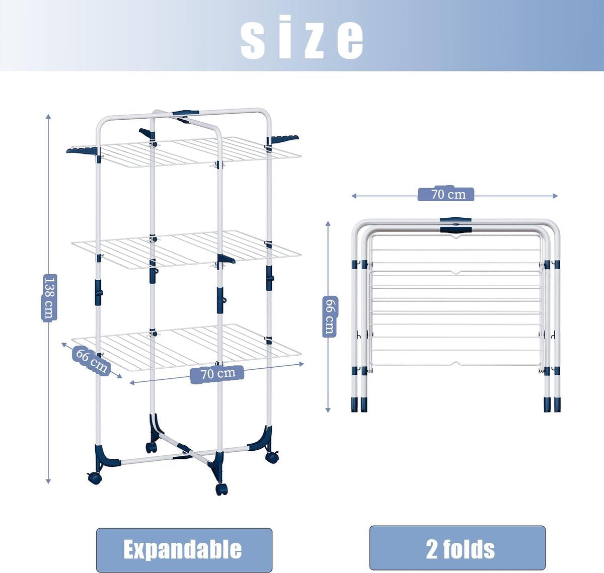 Clothes Dryer Tower, foldable and space-saving, 3 tiers, 6 foldable wings, rollable and stable, mobile tower clothes dryer, drying rack for large families indoor and outdoor, White and Blue