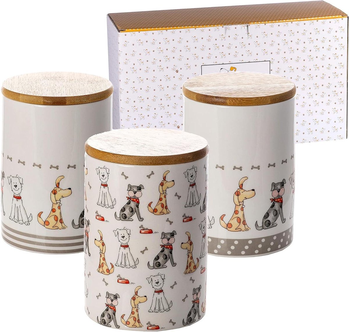 Ceramic Storage Jars Set of 3 - Kitchen Storage Containers - Airtight Bamboo Lids - Cute Kitchen Accessories - Gifts for Dog Lovers - 1200ml