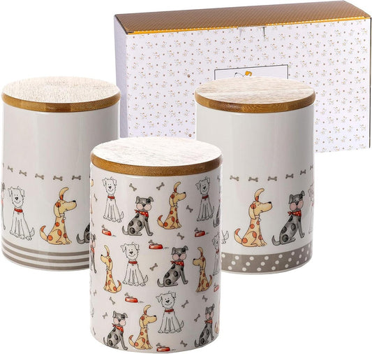 Ceramic Storage Jars Set of 3 - Kitchen Storage Containers - Airtight Bamboo Lids - Cute Kitchen Accessories - Gifts for Dog Lovers - 1200ml
