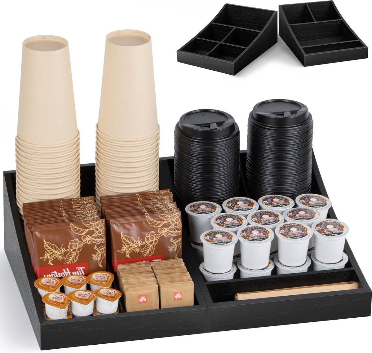 Coffee Station Organizer for Countertop - Wood Black 9 Compartments - Home and Office Organizer for Coffee and Tea Tea Bag Organizer