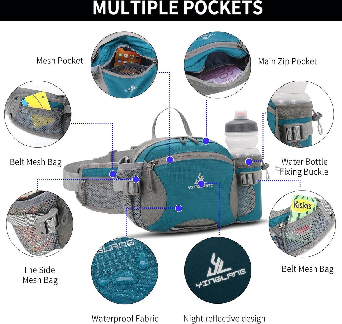 Waterproof hip bag with water bottle holder - large capacity - dog walking - travel - sport - Blue L