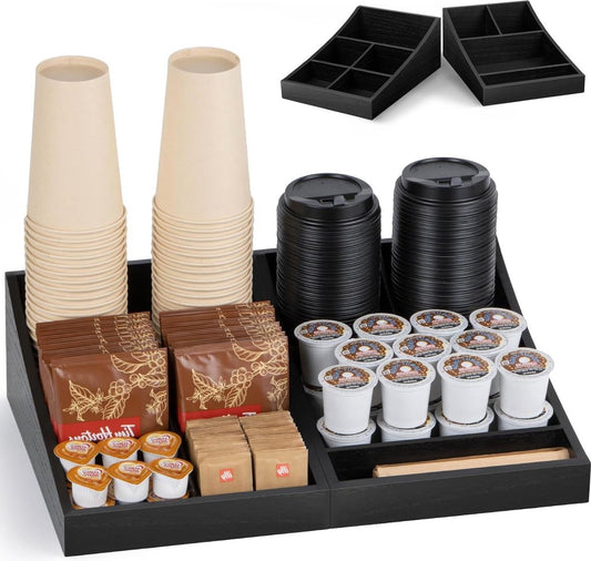 Coffee Station Organizer voor aanrecht - Hout Zwart 9 Vakken - Thuis en Kantoor Organizer voor Koffie en Thee theezakjeshouder