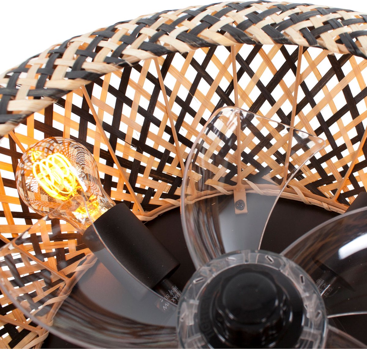 Ceiling fan with light - Rattan natural / black Ø 50 cm