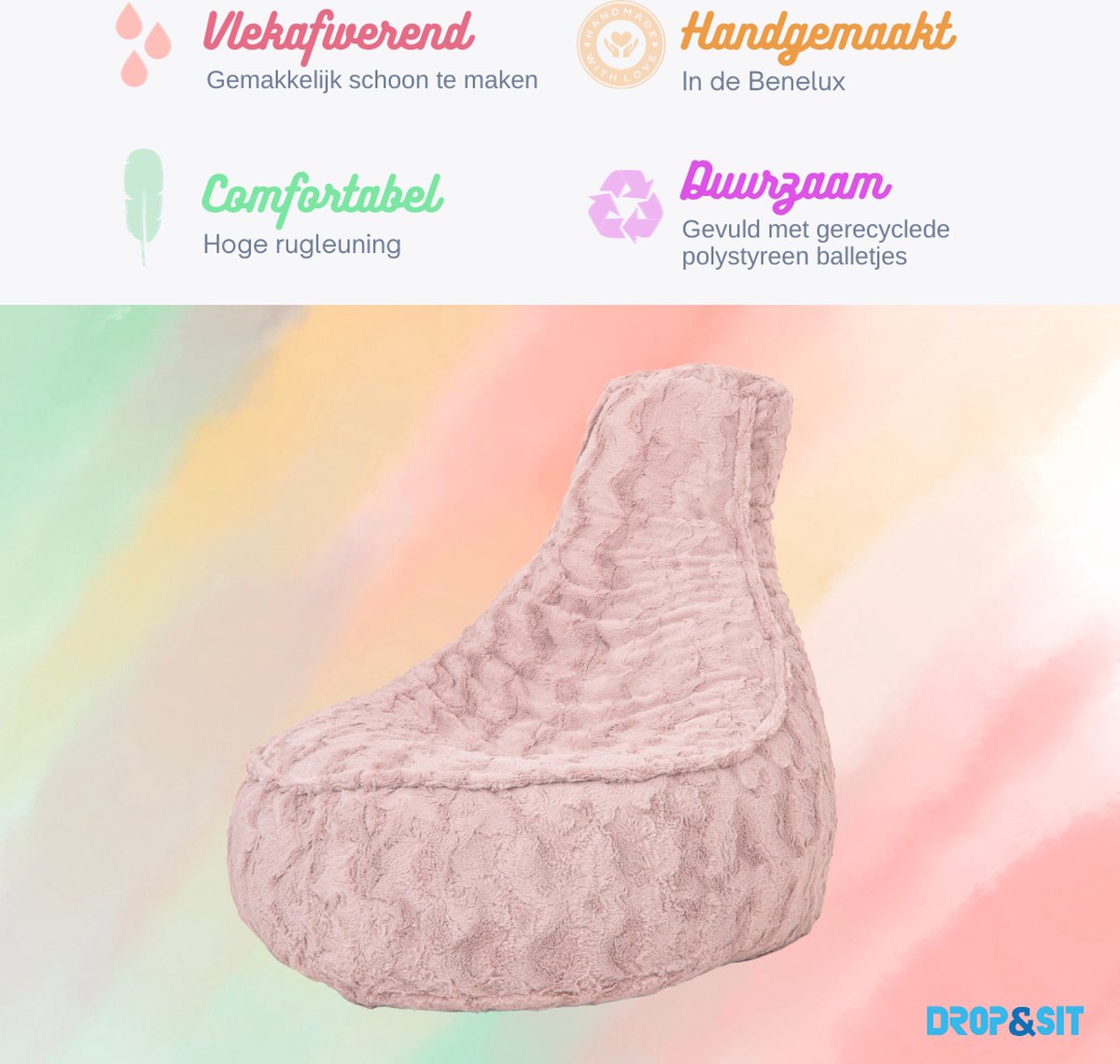 Drop & Sit Stoel Zitzak Bont - Roze - Junior - Voor Binnen