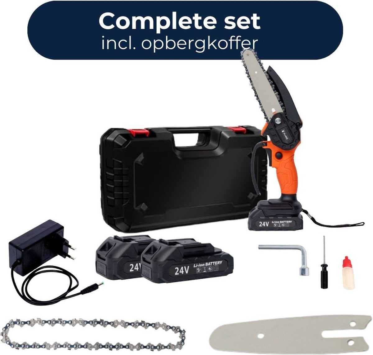 Mini Kettingzaag - Inclusief 2 Accu's - Snoeizaag - Takkenzaag - Met Opbergkoffer - Inclusief Accessoires