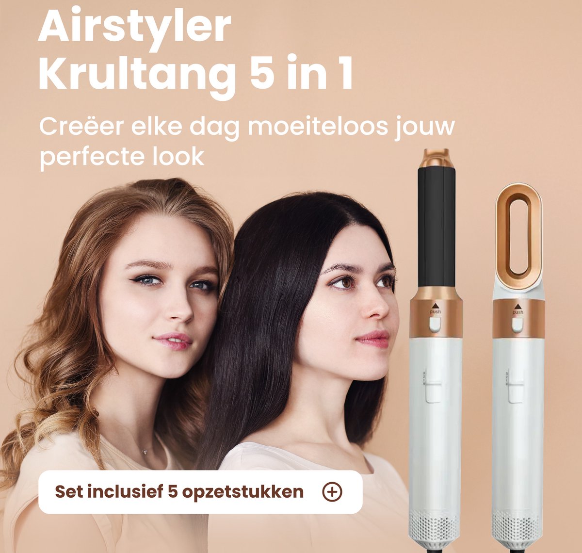 Airstyler Krultang 5-in-1 – Föhnborstel Roterend met Diffuser – Multistyler – 5 Opzetstukken – Kort & Lang haar – Haardroger