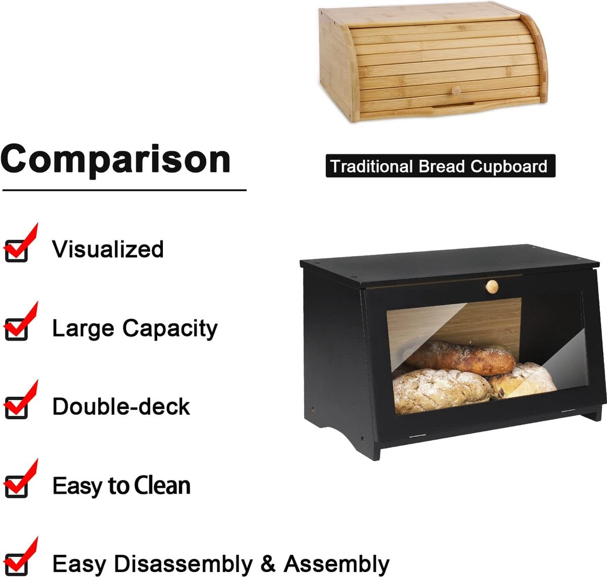Accessoires Broodtrommel bamboe broodcontainer voedselveilig broodopslag onderhoudsvriendelijk 39x21x23cm zwart