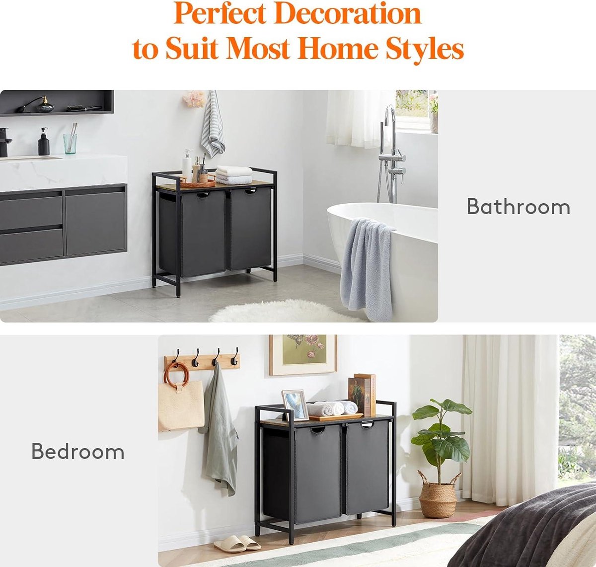Laundry Basket 2 Sections 95 L - Shelf - Double Pull-Out Removable Bags - Laundry Sorter - Laundry Room Bedroom - Black Laundry Basket 3 Compartments