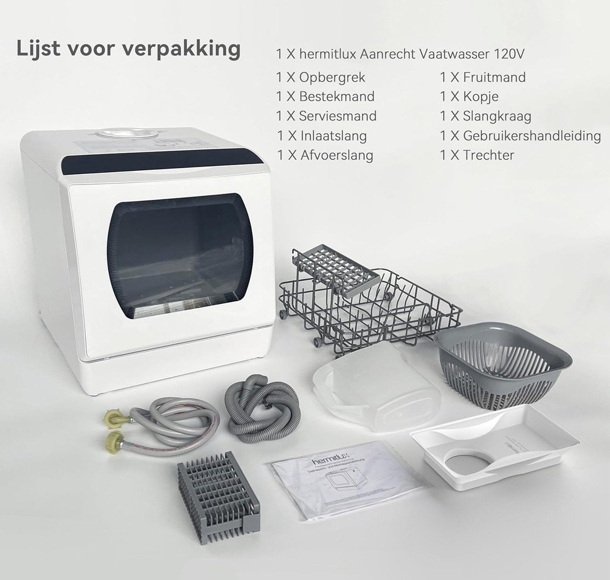 Mini-vaatwasser - tafelvaatwasser - te gebruiken met en zonder wateraansluiting - 43 cm breed - plaats voor 4 couverts - voor gebruik op de camping - 175 kWh/jaar - wit (Glazen deur)