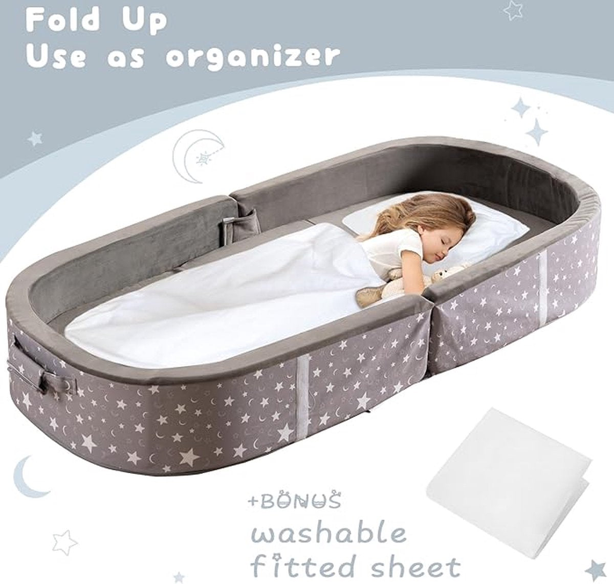 Portable, Waterproof Toddler Travel Bed with Mattress, Washable Fitted Sheet, Foldable Camping Cot, Deep Gray