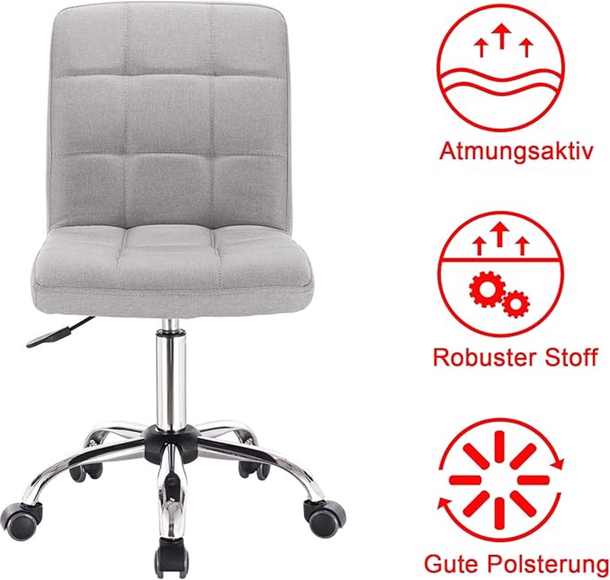 Swivel office chair with ergonomic design, height adjustable and 360-degree rotatable. Suitable for office, study, or bedroom. Linen upholstery in light gray.