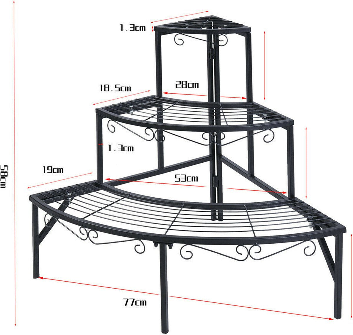 Plantenrek - Wandrek - Voor planten - Driehoekig - Ladderkast - 3 planken - 3 laags - Plantenrek - Zwart - Binnen/buiten