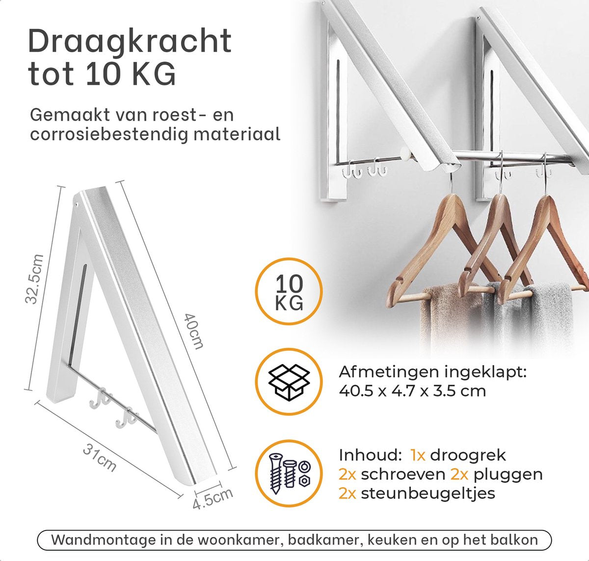 Milano Luxe inklapbaar droogrek – Wasrek hangend – Inklapbaar wasrek – Kledingrek voor wandmontage – Stevige inklapbare kledinghaak – Lichtgewicht en ruimtebesparend wasrek – Zilver - 40.5x33x31 cm