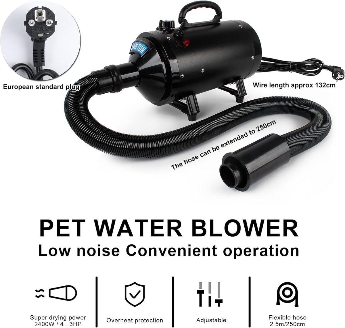 Professional Dog Hair Dryer - Water Blower for Dogs - Dog Hair Dryer with 4 Nozzles - 2800W Adjustable Power - Black