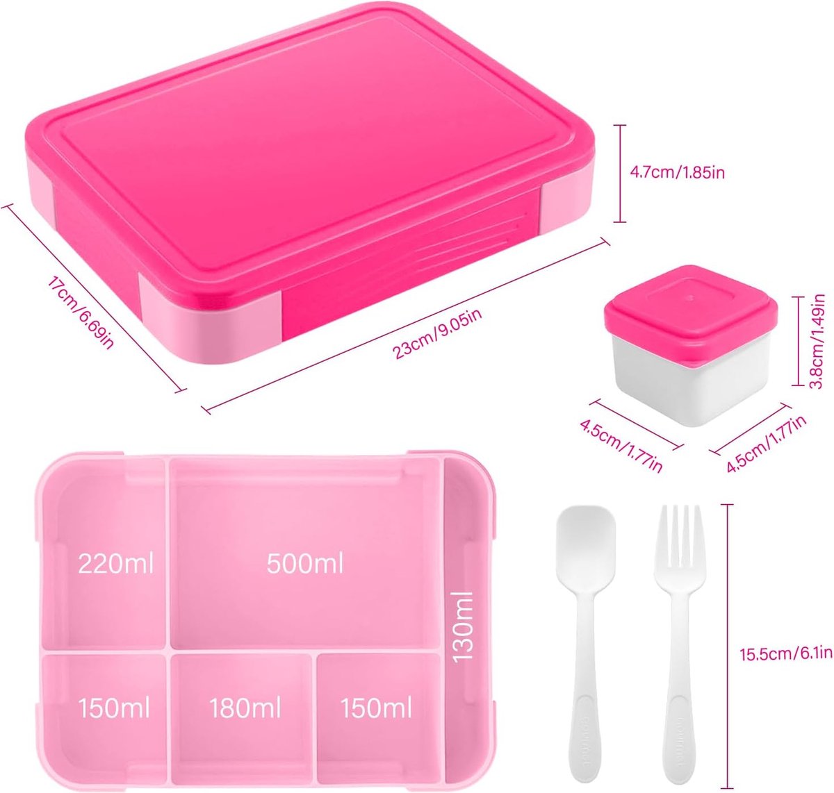Lunchbox, 1300 ml, lekvrij, broodtrommel voor kinderen met 5 vakken en bestekset, BPA-vrije lunchbox, broodtrommel voor kinderen en volwassenen, voor magnetron, vaatwasser (roze)