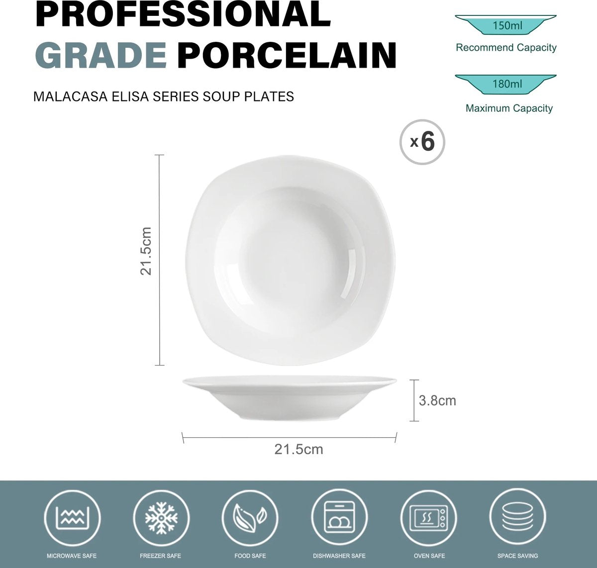 Dinnerware set - Dinnerware sets - Dinnerware set 12 person - White Plain - Porcelain - 48-Piece Dinnerware - Dinner plate - Dessert plate - Bowl - Mug