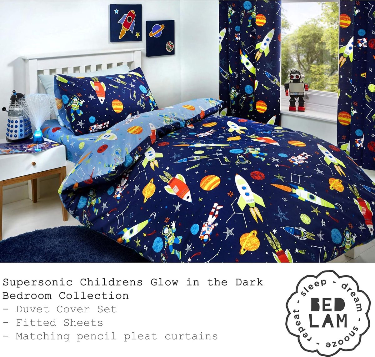 Bedlam Supersonic Glow in the Dark Dekbedovertrekset, 52% polyester, 48% katoen, blauw, dekbedovertrekset: eenpersoons