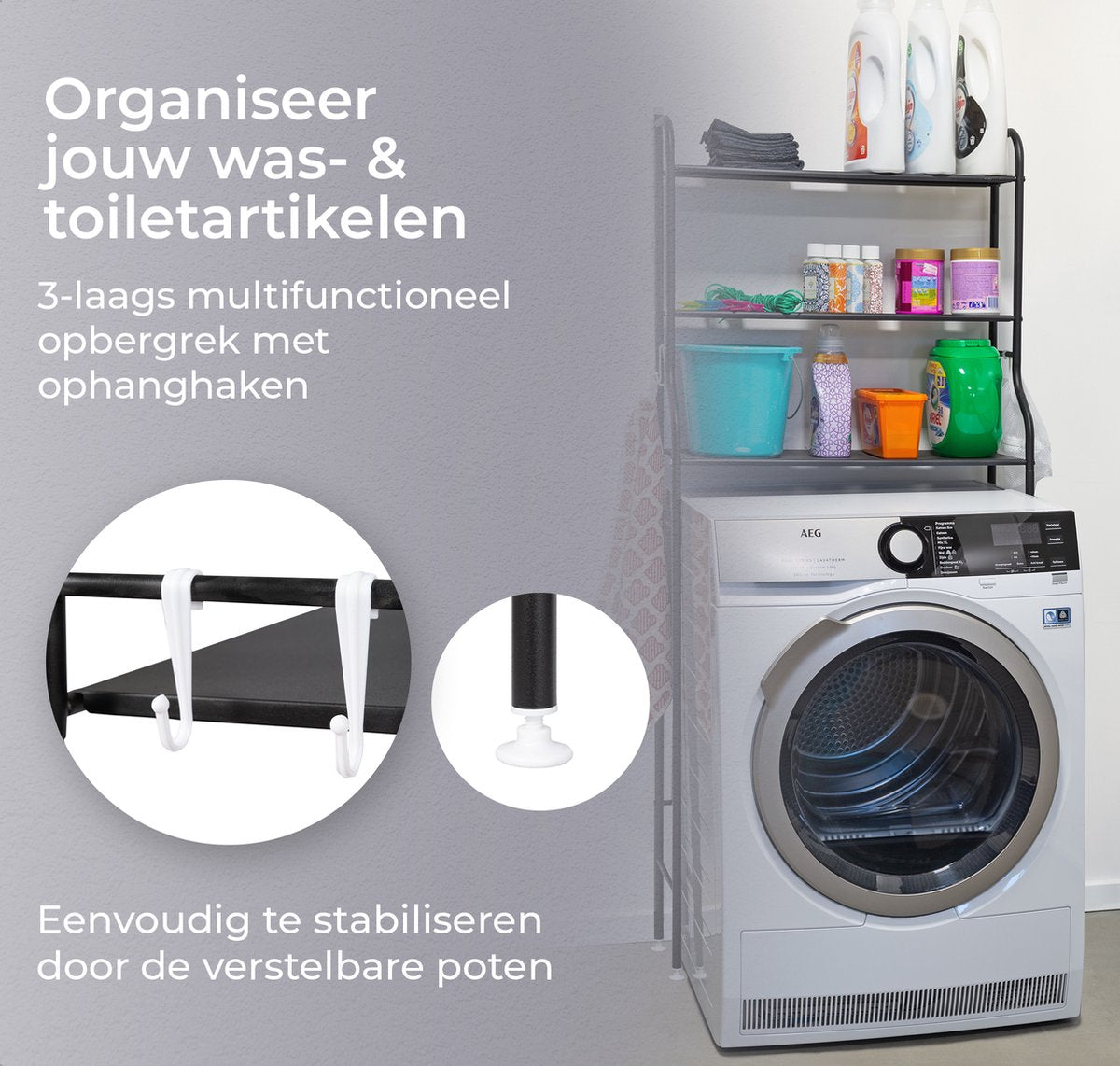 LG Life's Green washing machine conversion - Space-saving toilet storage rack - Toilet rack with 3 shelves - Stable washing machine rack - 152.2x24.5x64.5 cm - Black