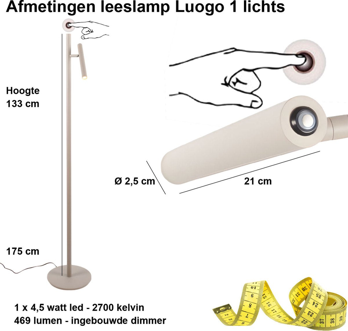 Staande Luogo leeslamp | 1 lichts | zand / beige / crème | metaal | 133 cm | vloerlamp | dimbaar | modern design