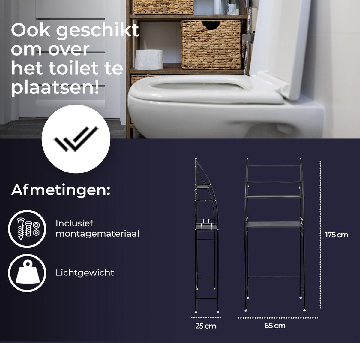 LG Life's Green wasmachine ombouw – Ruimtebesparende wasmachinekast – Opbergrek met 3 planken en handdoekhaken – Stabiele constructie – B65 x D25 x H175 cm – Zwart